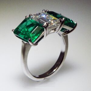 Emerald cut Diamond and Emerald Ring Platinum
